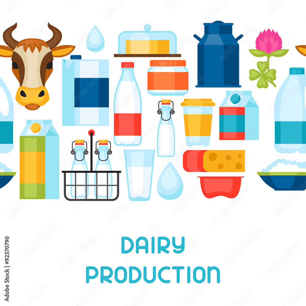 Milk seamless pattern with dairy products and objects