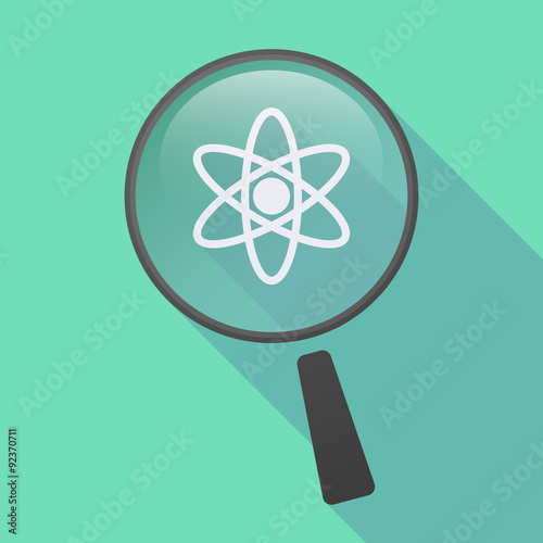 Long shadow magnifier icon with an atom