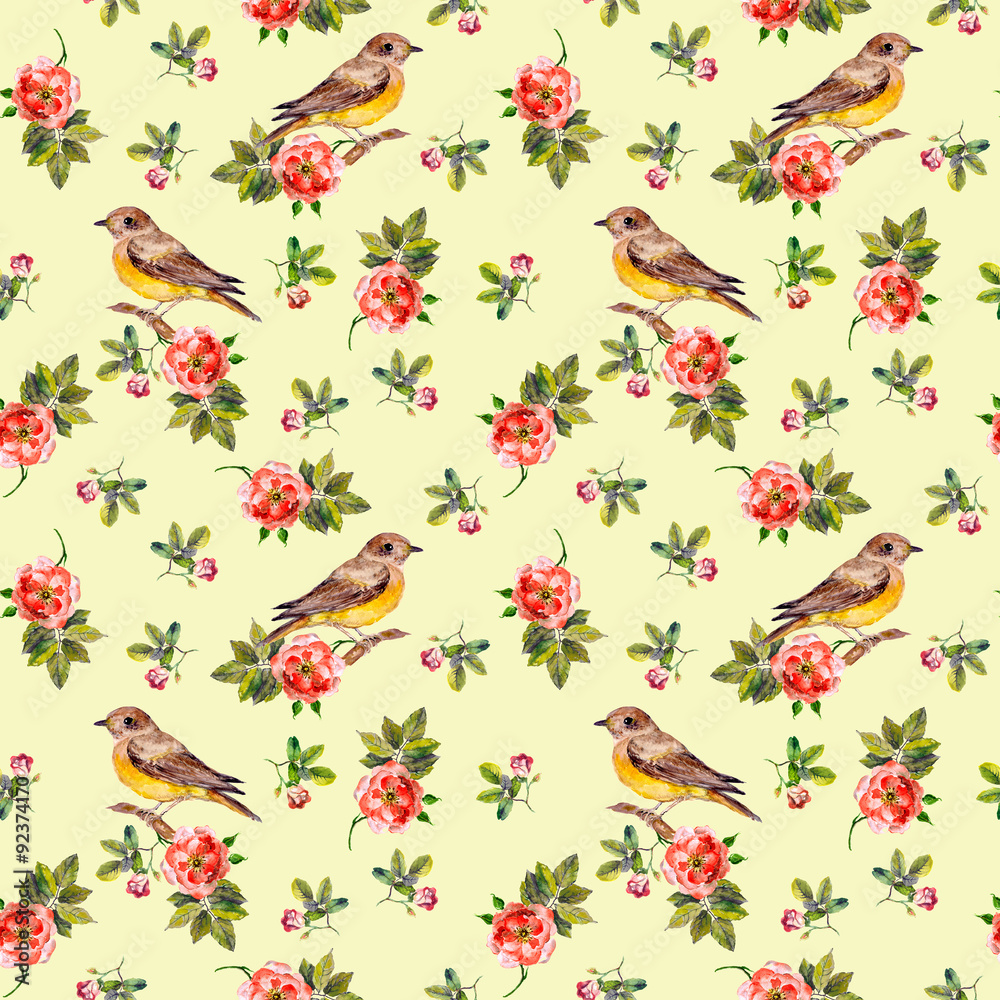 Seamless vintage floral pattern with cute birds
