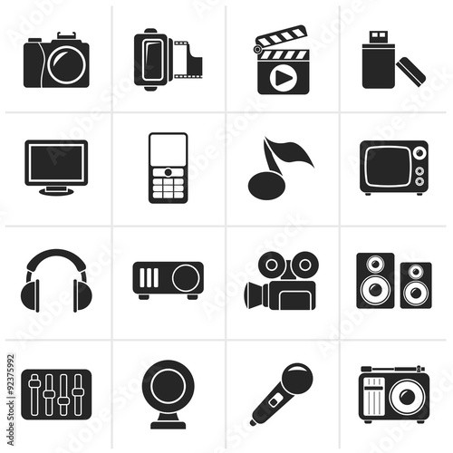 Black multimedia and technology icons - vector icon set