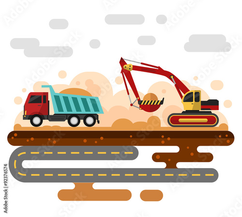 Flat style vector illustration of excavator in work. Excavator loading sand into a truck. Industrial landscape, construction process.