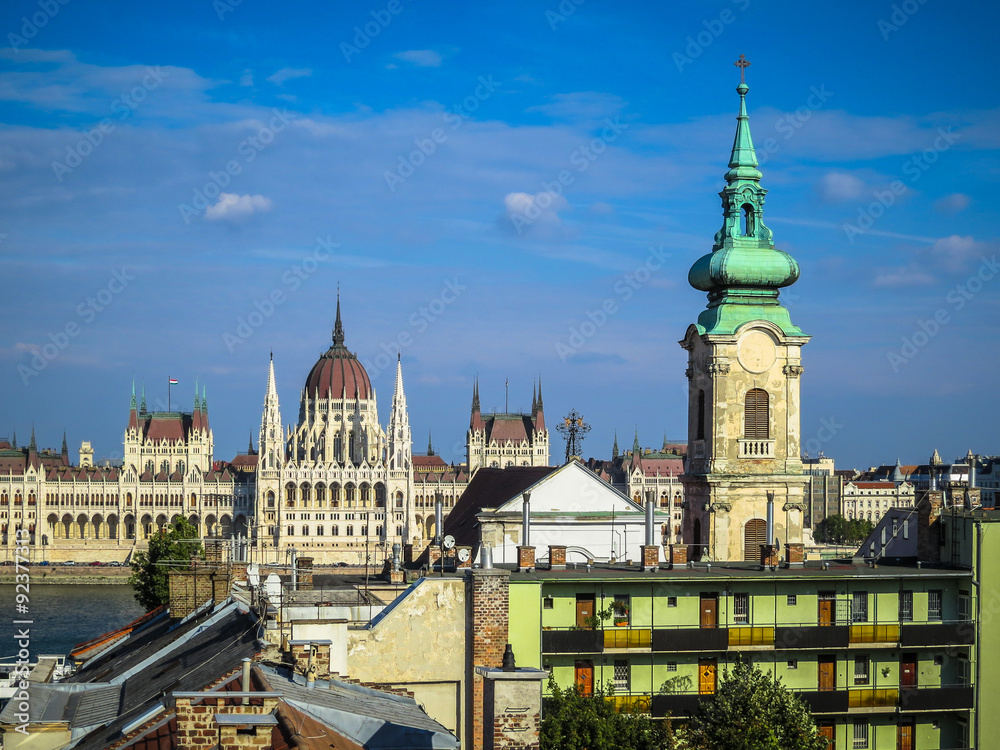 Fototapeta premium View of Parliament and roofs of Budapest, Hungary