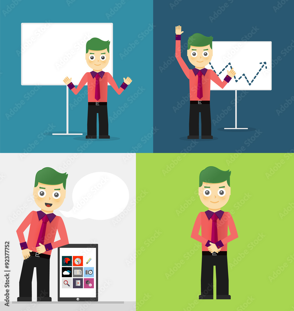 Poses of young businessmen, presentation white board, leaning on Poses of young businessmen, presentation white board, leaning on