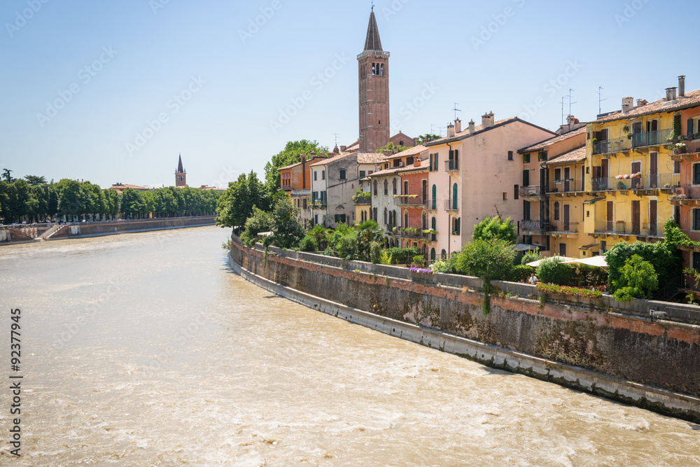 View on the Adige River in Verona, Italy,
