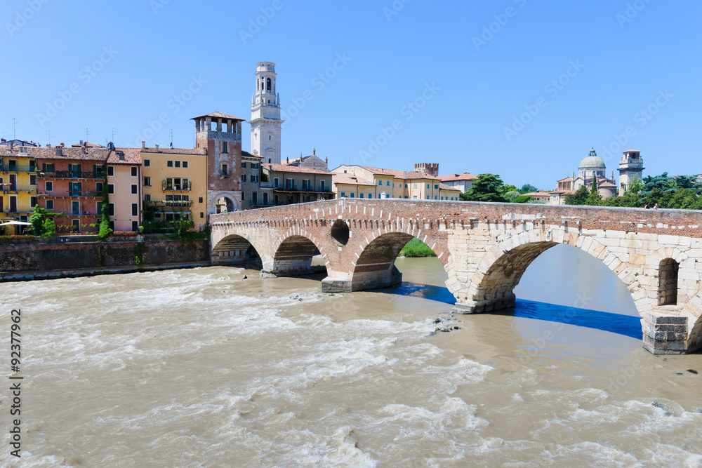 View of the Adige river and St Peter bridge arch, Verona,