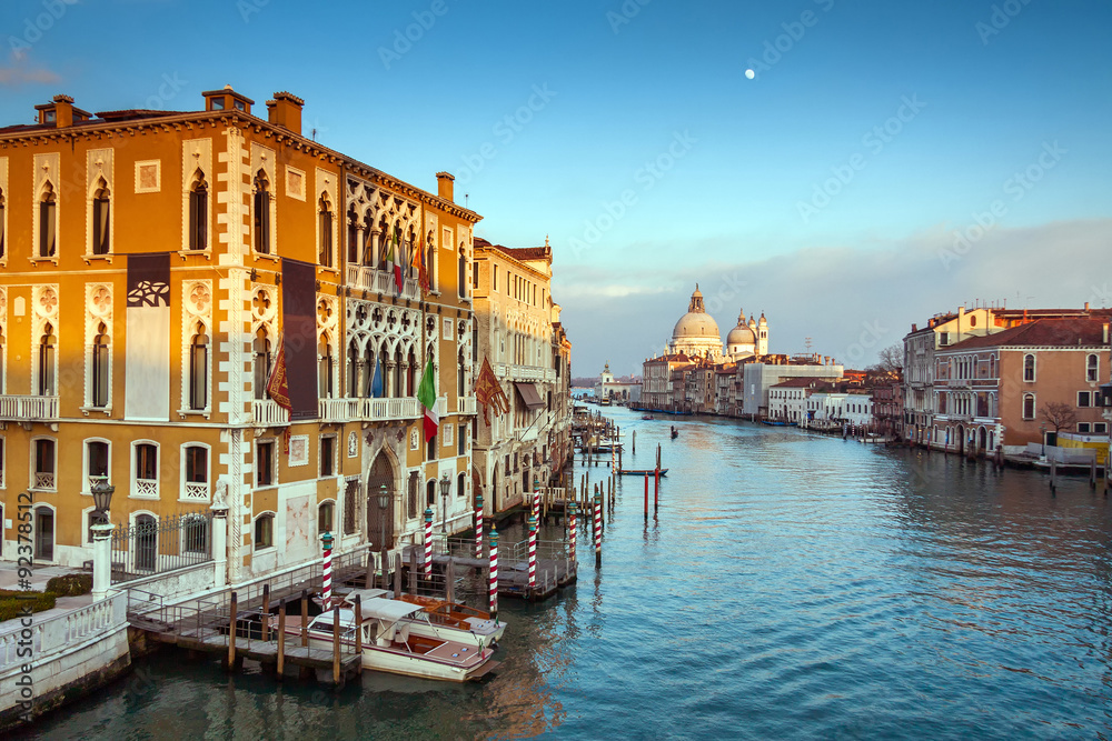 view of the Grand Canal and Basilica Santa Maria della Salute during sunset, Venice, Italy, Europe