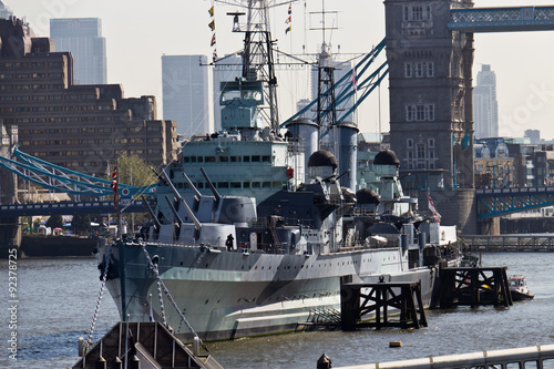 Photography HMS Belfast (C35) a Royal Navy light cruiser on the River Thames