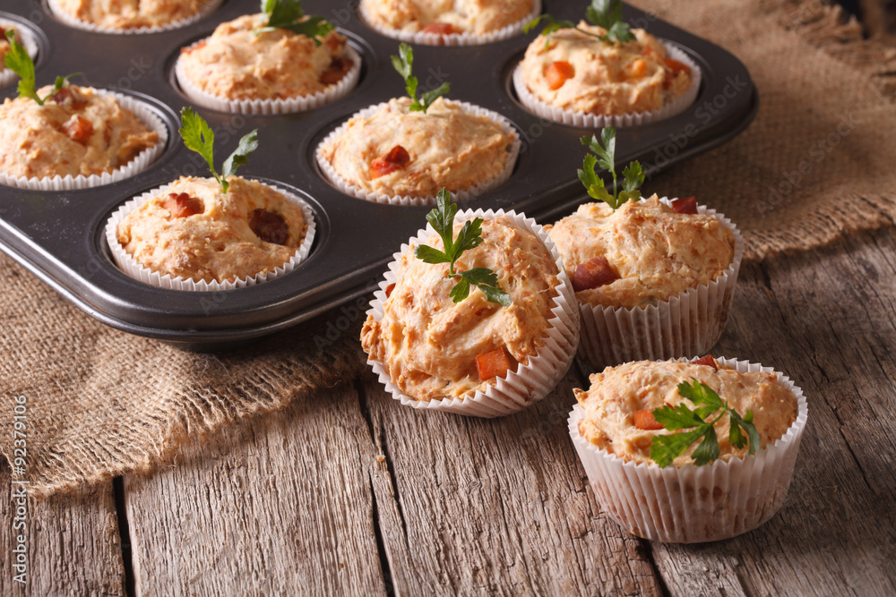 Delicious muffins stuffed with meat close up. horizontal
Delicious muffins stuffed with meat close up. horizontal