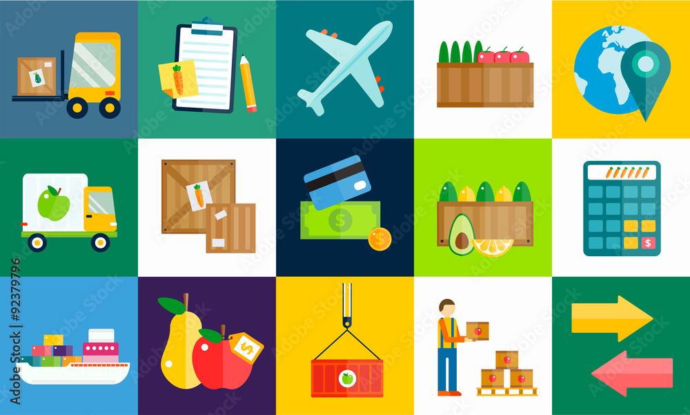 Import export fruits and vegetables delivery vector icons set Import export fruits and vegetables delivery vector icons set