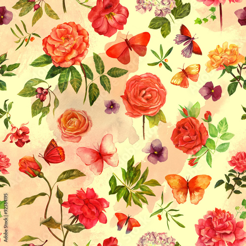 Vintage style seamless background pattern with watercolour flowers and butterflies