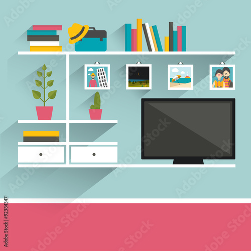 Living room with television and book shelves. Flat design vector illustration.