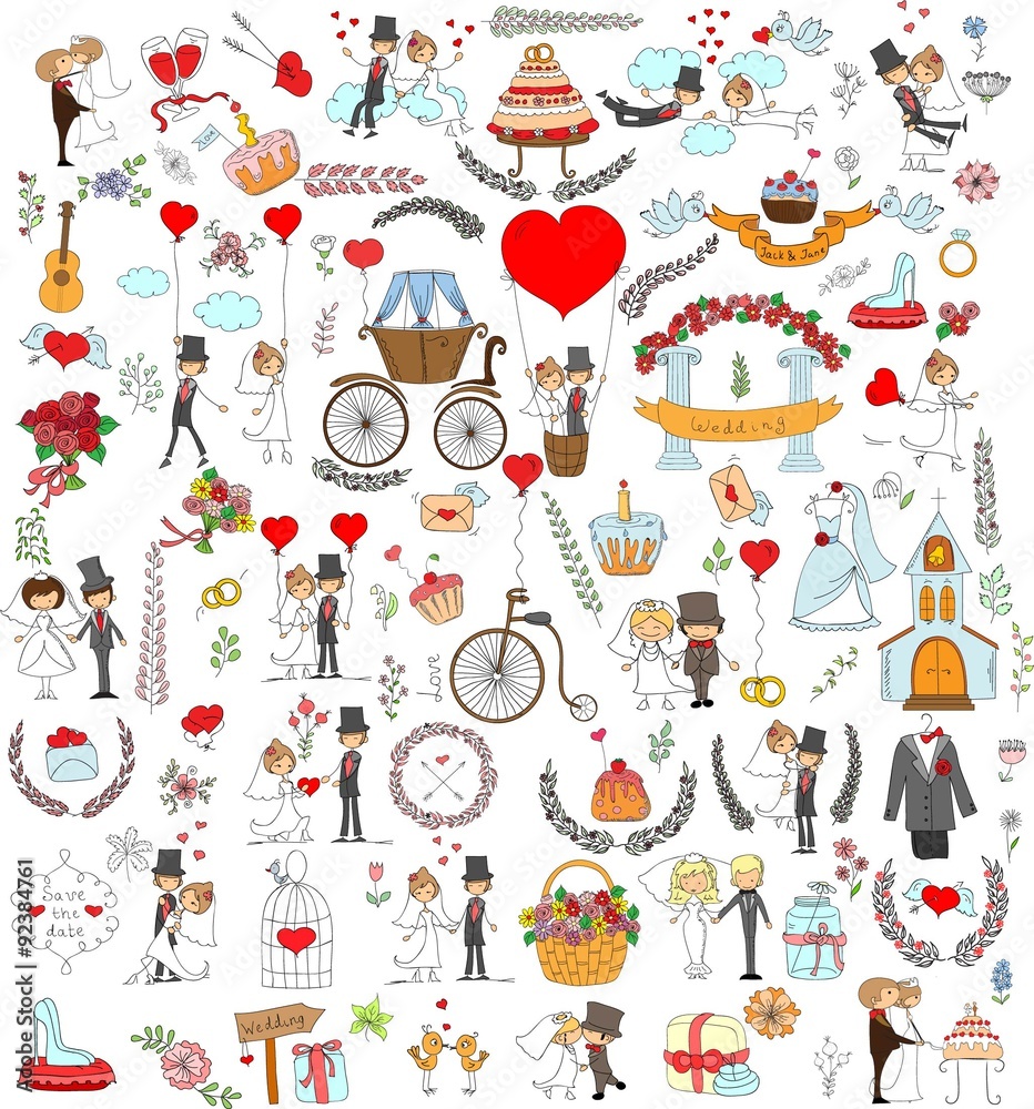 Doodle wedding set for invitation cards, including template design decorative elements - flowers, bride, groom, church, hearts 