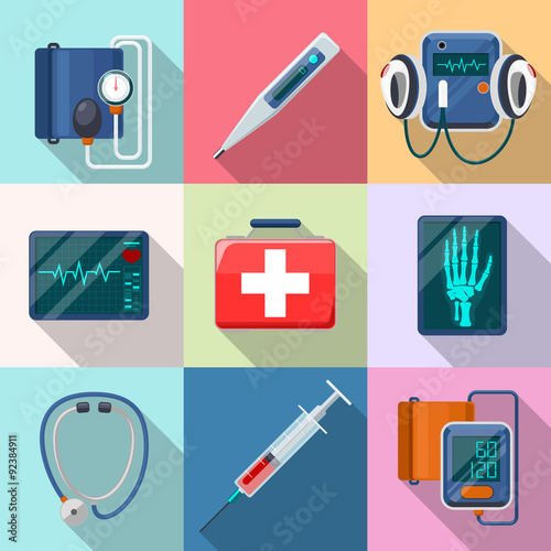 Medical devices set. Tonometer  phonendoscope, defibrillator and