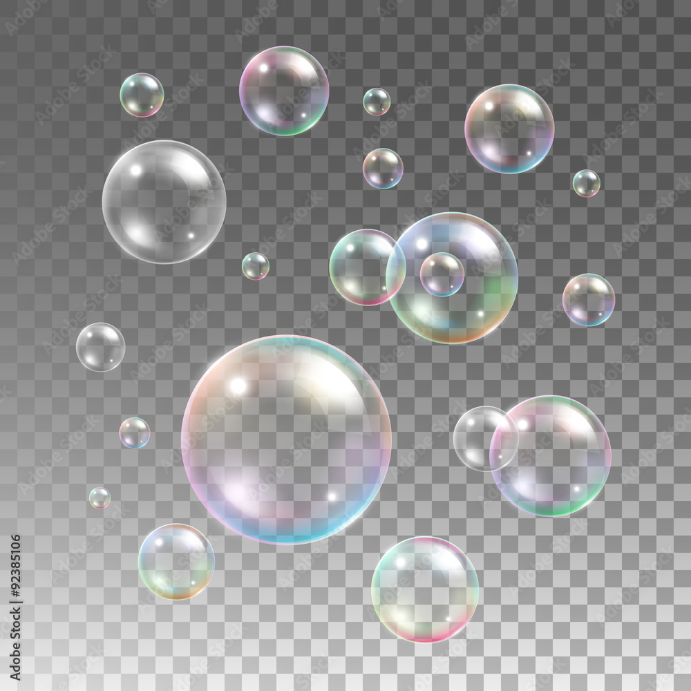 Transparent multicolored soap bubbles vector set on plaid - obrazy, fototapety, plakaty 