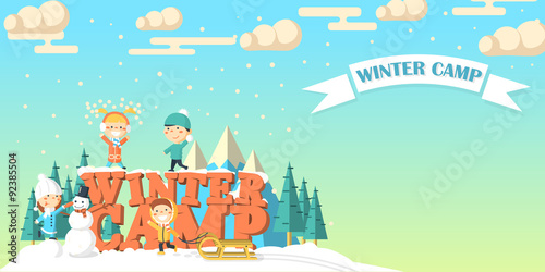 Winter camp banner with children