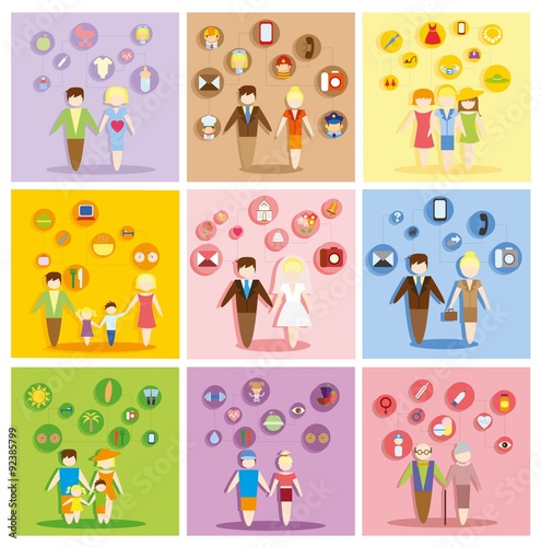 Business concept flat icons set of family, health, career and vacation infographic design elements vector illustration © virinaflora