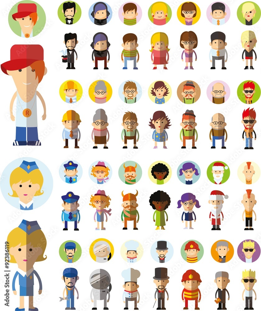 Set of vector cute character avatar icons in flat design