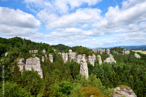 Sandstone rock towers in green forest area