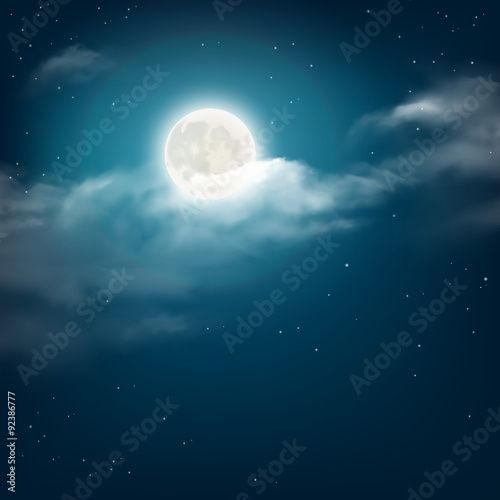 Night sky background, cloudy sky with the shining stars and moon. Vector illustration