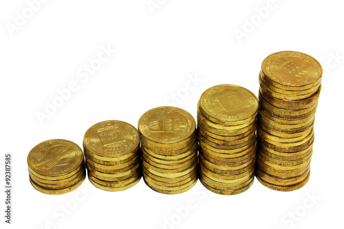 Golden coins isolated on white background.Russian metallic roubles.