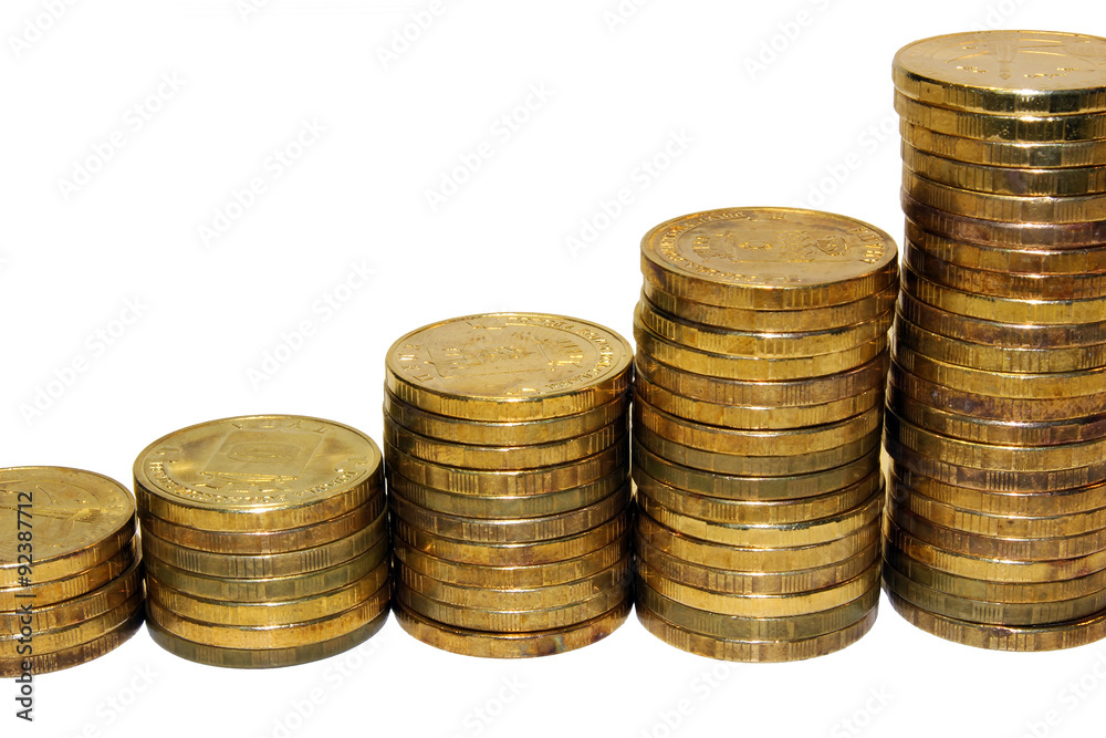 Golden coins isolated on white background.Russian metallic roubles. Golden coins isolated on white background.Russian metallic roubles.