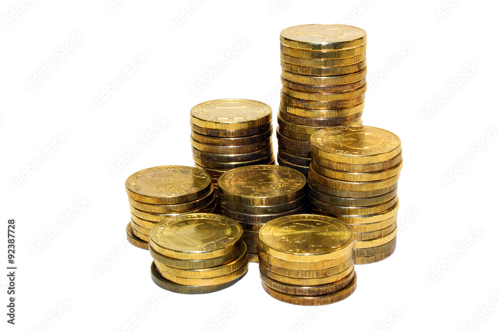 Golden coins isolated on white background.Russian metallic roubles. Golden coins isolated on white background.Russian metallic roubles.