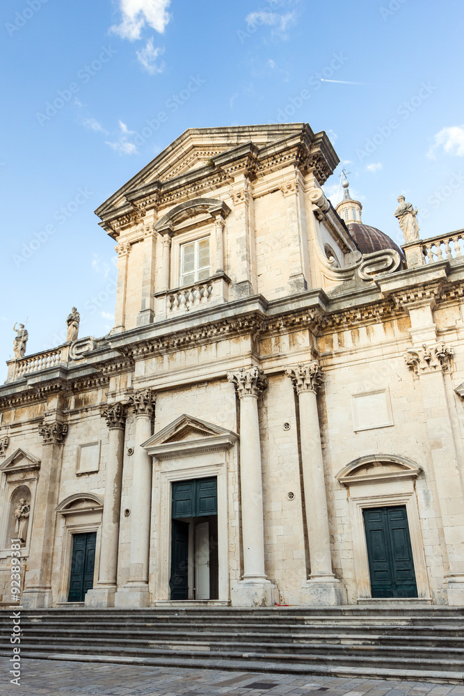 Facade of the Cathedral of the Assumption of the Virgin Mary in Dubrovnik, Croatia.