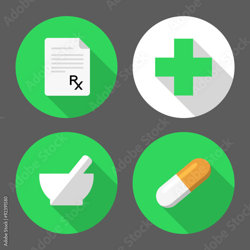 Set of pharmacy icons. Prescription paper, cross, mortar, pestle