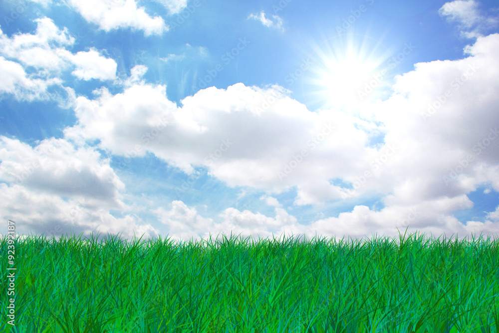 Grass and sky with sun and clouds