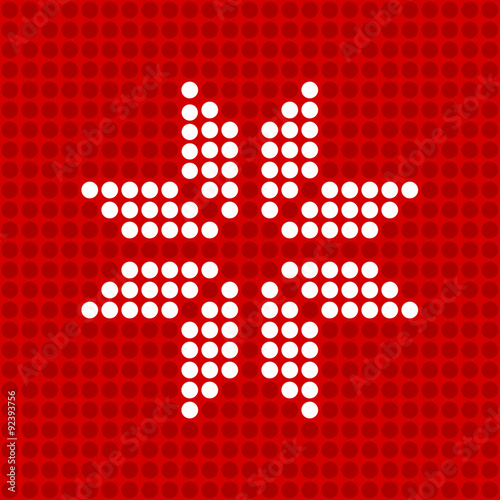 Pattern of polka dots, white snowflake on a red background.