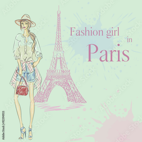 Paris Fashion girl near Eiffel Tower