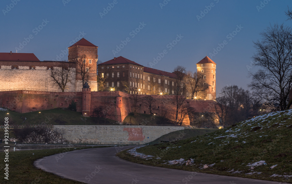 Wawel Castle seen from the Vistula boulevards in the evening