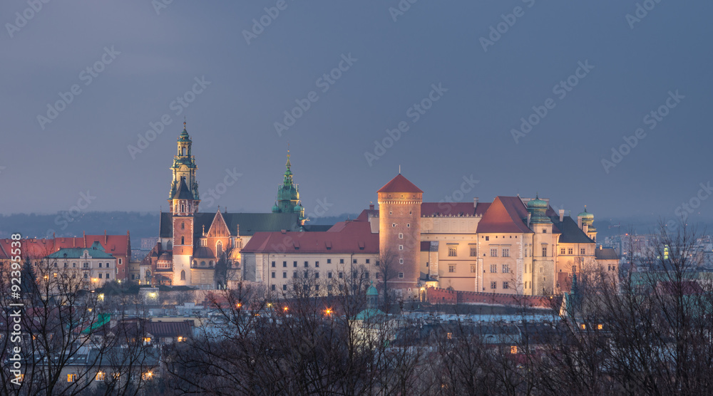 Wawel Castle and Wawel cathedral seen from the Krzemionki hill in the evening