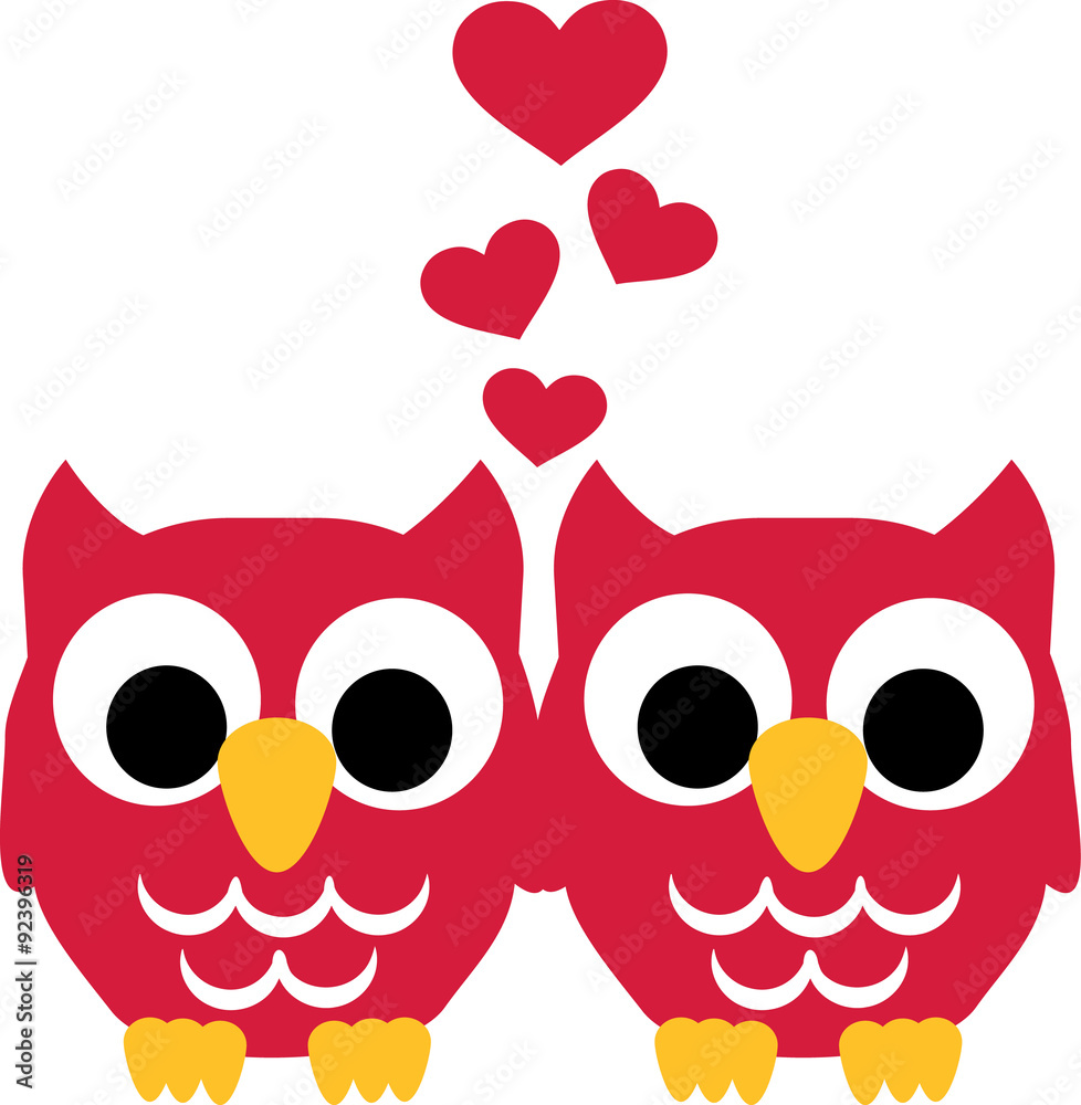 Fototapeta premium Two Owls in love with hearts