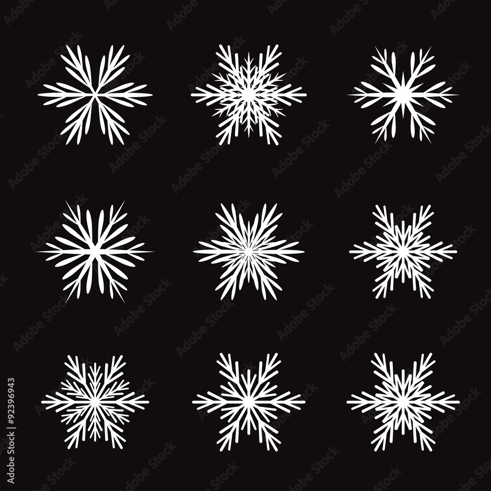 Collection of White Snowflakes. Black Background. Collection of White Snowflakes. Black Background.