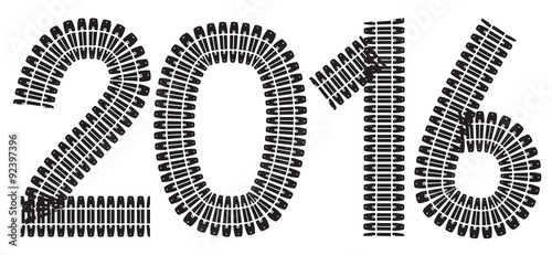 2016 inscription made from tank and tractor tracks, isolated on white