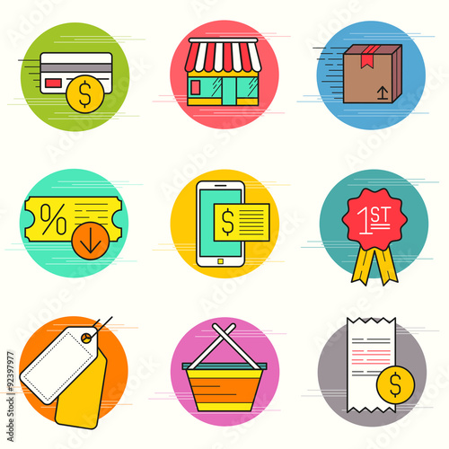 Shopping And Retail Icon Set. A collection of commerce icons including a shop, transactions and delivery. Vector illustration.
