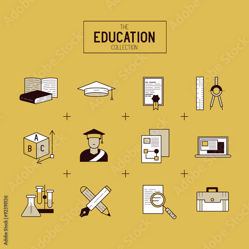 Education Vector Icon Set. A collection of gold study and research symbols including objects and tools. Vector illustration.