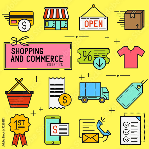 Shopping And Retail Icon Set. A collection of commerce icons including a shop, transactions and delivery. Vector illustration.