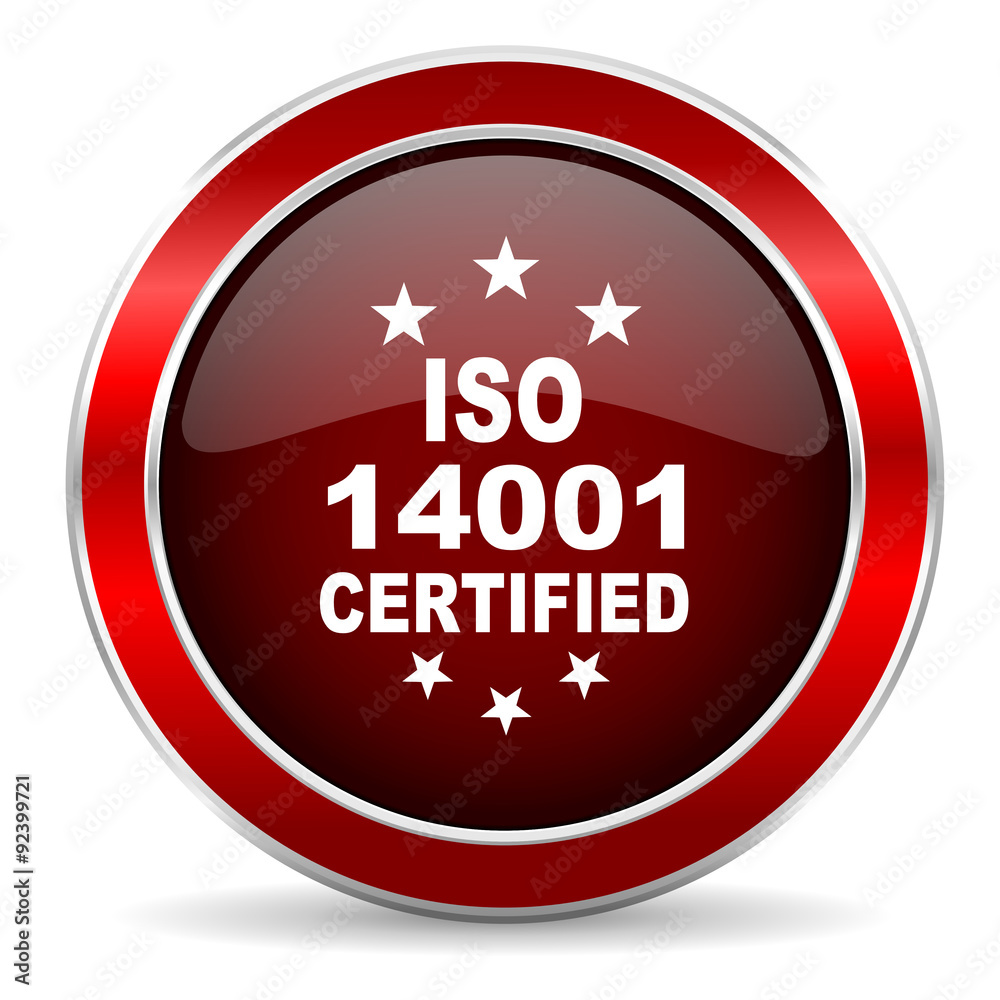 iso 14001 red circle glossy web icon, round button with metallic border