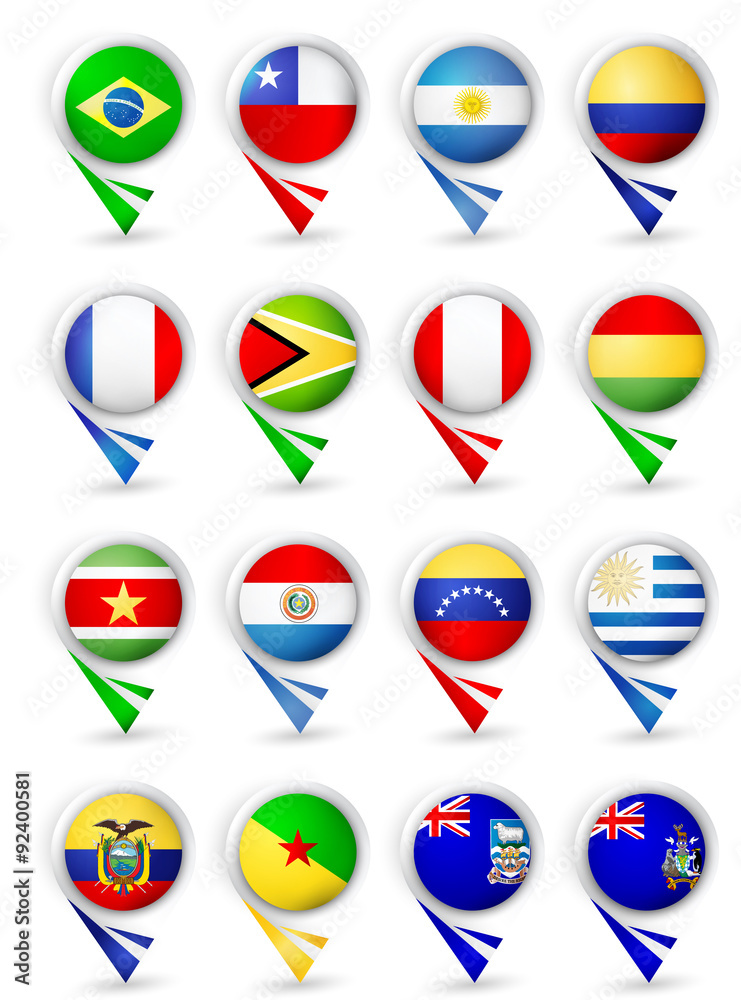 Map pointers with flags. South America all countries Map pointers with flags. South America all countries