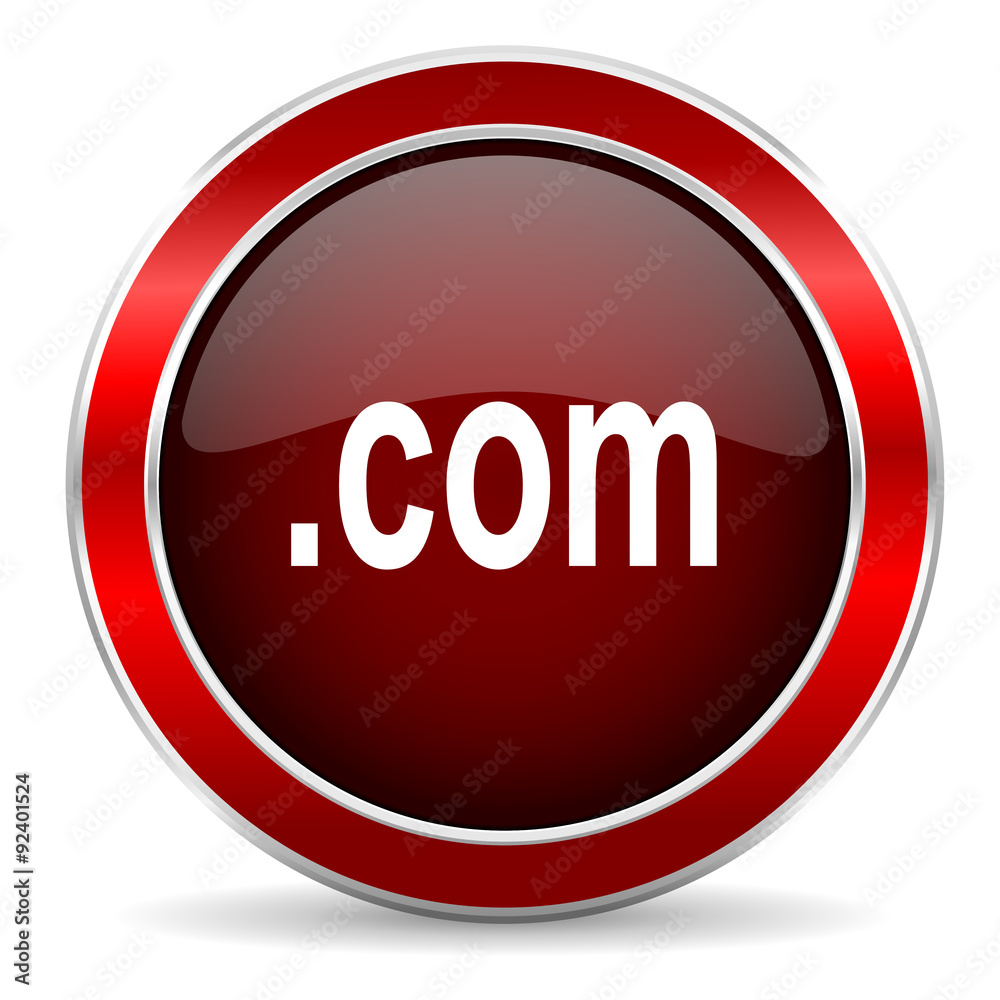 com red circle glossy web icon, round button with metallic border com red circle glossy web icon, round button with metallic border
