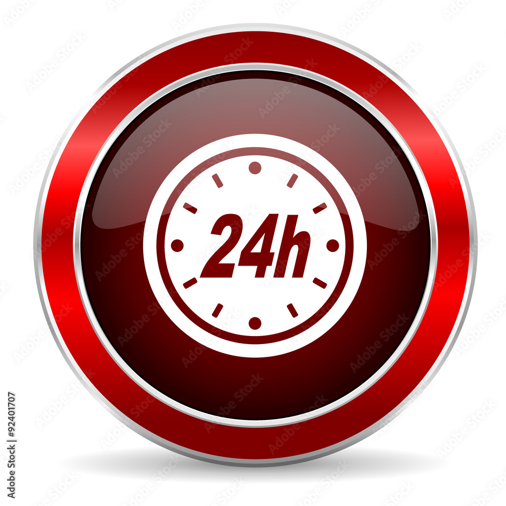 24h red circle glossy web icon, round button with metallic border 24h red circle glossy web icon, round button with metallic border