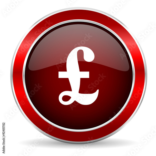 pound red circle glossy web icon, round button with metallic border