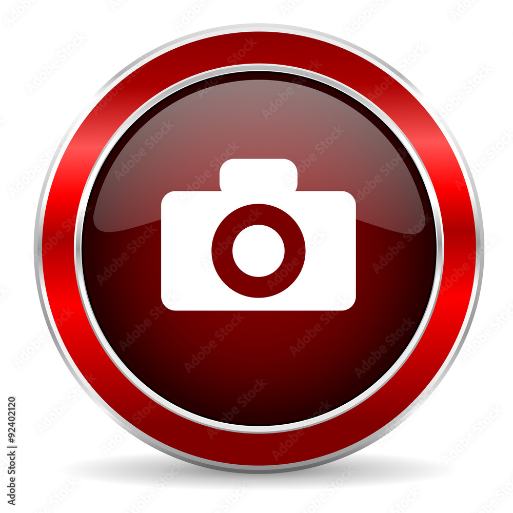camera red circle glossy web icon, round button with metallic border camera red circle glossy web icon, round button with metallic border