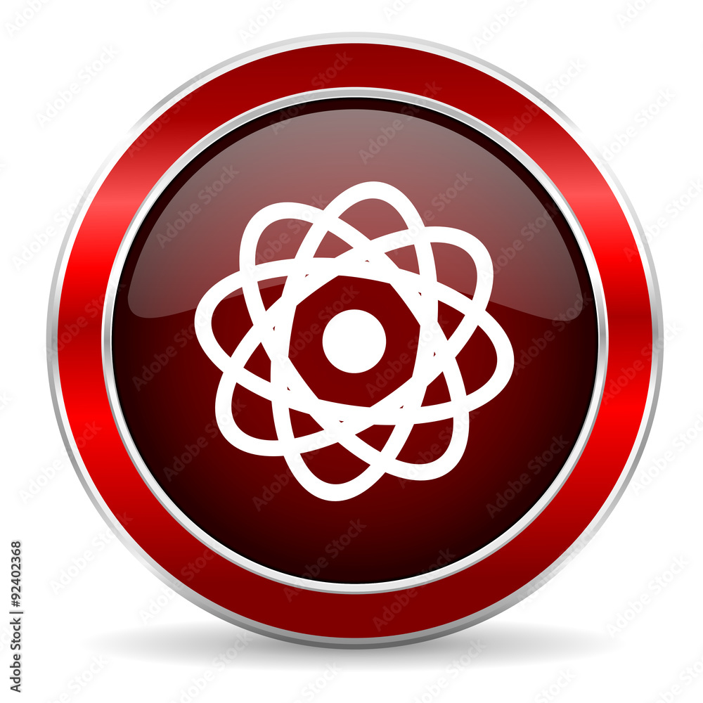 atom red circle glossy web icon, round button with metallic border atom red circle glossy web icon, round button with metallic border
