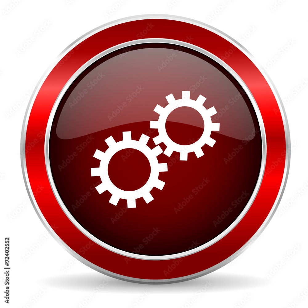 gear red circle glossy web icon, round button with metallic border gear red circle glossy web icon, round button with metallic border