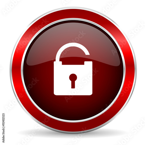 padlock red circle glossy web icon, round button with metallic border