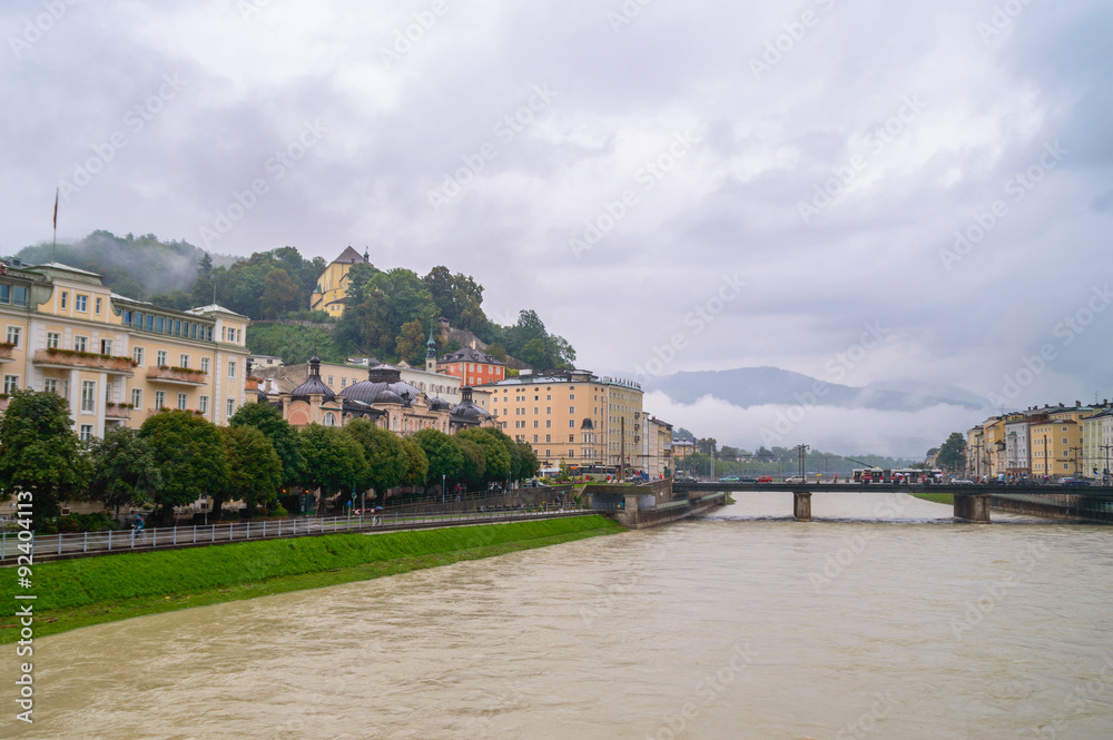 Palaces in Salzburg on a foggy rainy day
