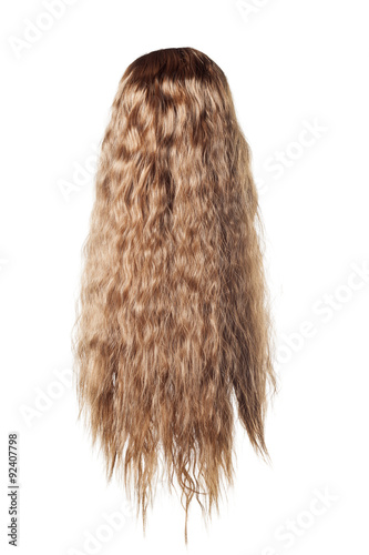 long curly brown wig on a white background